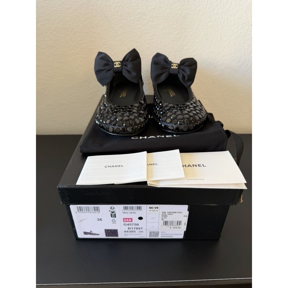 CHANEL  Satin Strass Bow Mary Jane Flats 36 Black Crystals 24A G45750B17097 NWB
